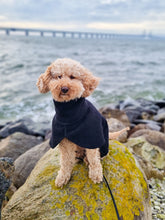 Load image into Gallery viewer, An apricot poodle wearing a black wool coat, sitting in front of the ocean and a bridge.