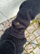 Load image into Gallery viewer, A black whippet onesie showing the collar hole in the neck.