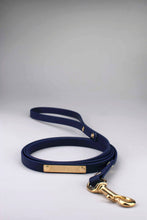 Load image into Gallery viewer, Dark blue leash in biothane with brass gold rivets, tag and snap hook