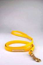 Load image into Gallery viewer, Bright yellow leash in biothane with brass gold rivets, tag and snap hook