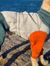 Load image into Gallery viewer, Close up of the side of a medium poodle wearing a jumpsuit made of wool. The front legs of the jumpsuit are orange, the body is grey, and the neck and back legs are dark green.
