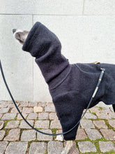 Load image into Gallery viewer, Side picture of a whippet wearing a black wool onesie
