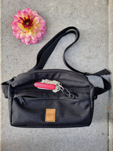 Load image into Gallery viewer, Black and square dog treat bag with a hook for keys
